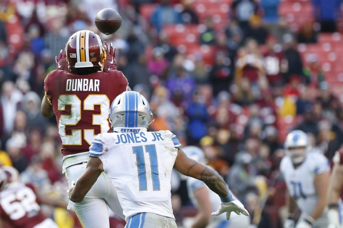Nov 24, 2019; Redskins cornerback Quinton Dunbar (23) intercepts a pass intended for Detroit receiver Marvin Jones (11). Mandatory Credit: Geoff Burke-USA TODAY